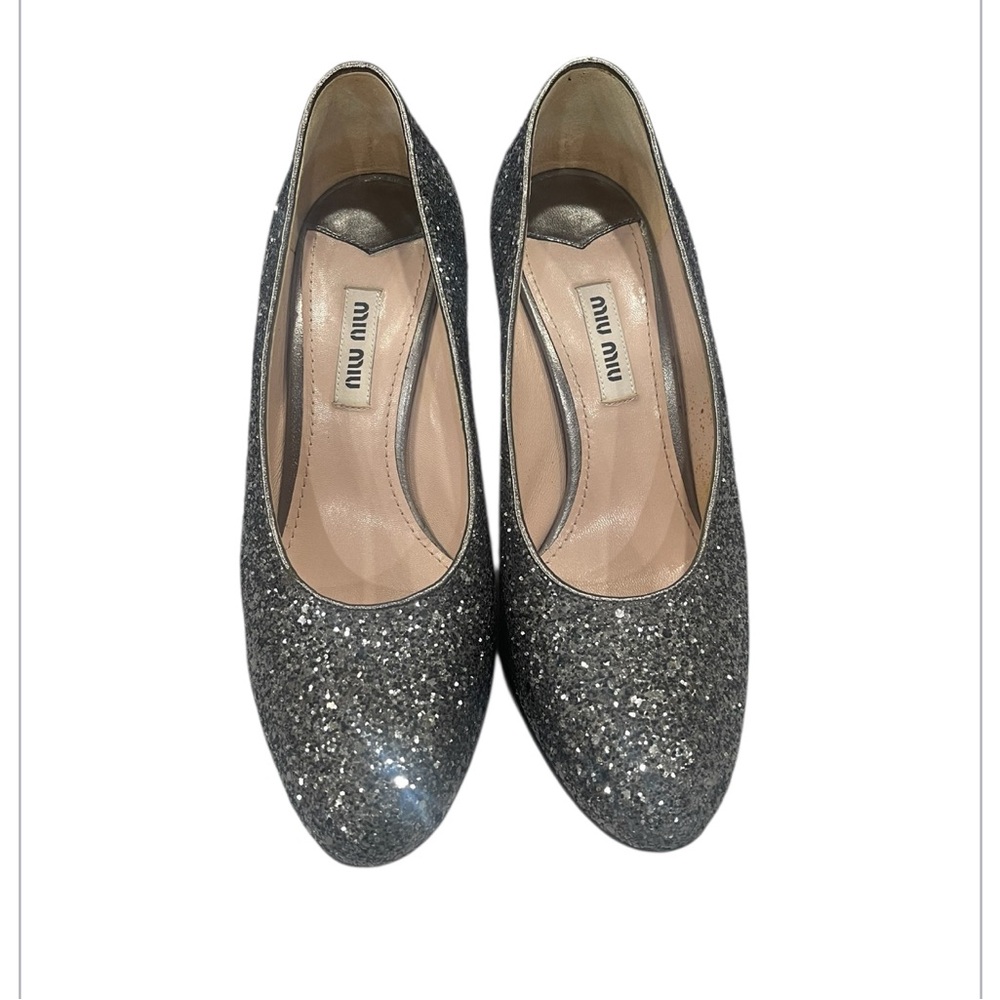 Miu Miu Authentic Silver  Sparkly Slip-On Heels As Is Preowned -EU Size 36
